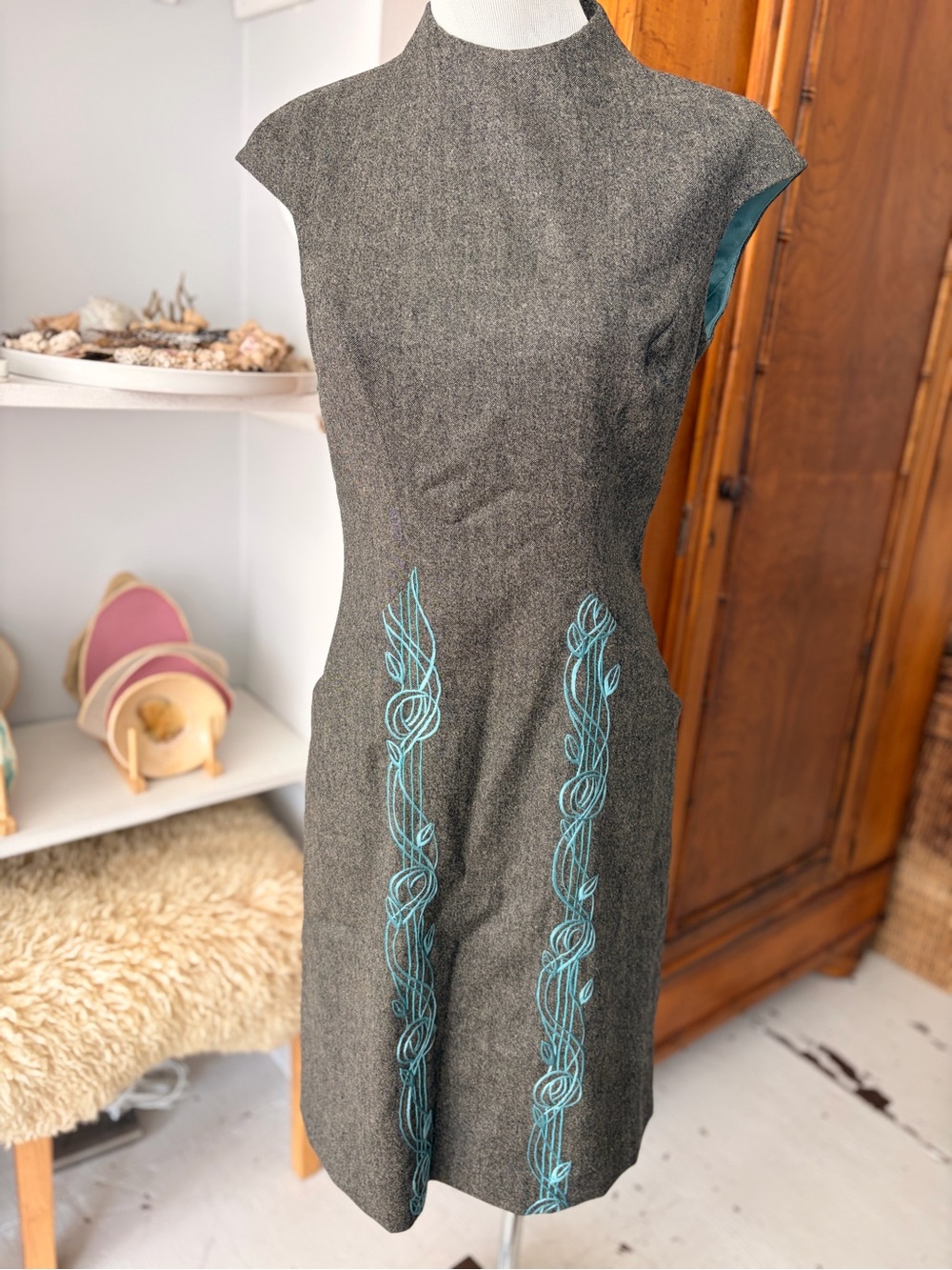 Graphite Dress with Teal Embroidered Accents